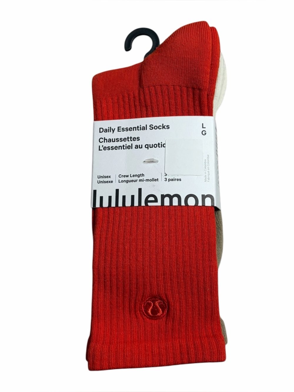 NWT Lululemon Daily Essential Socks *3 Pack Crew Length Cherry Ember/Oak/Ivory L